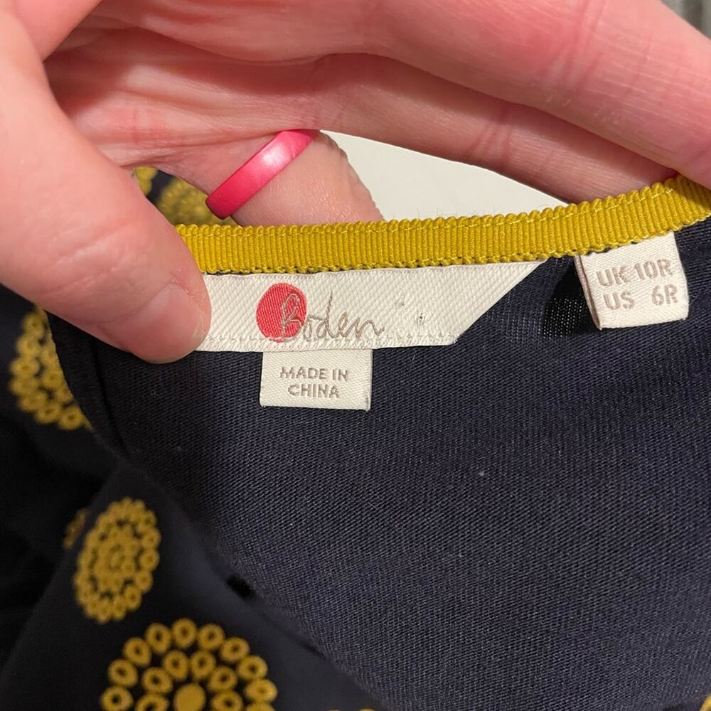 BODEN Brand Emilia Style Navy & Yellow Embroidery Dress Size 6R Bell Sleeves - Picture 3 of 6